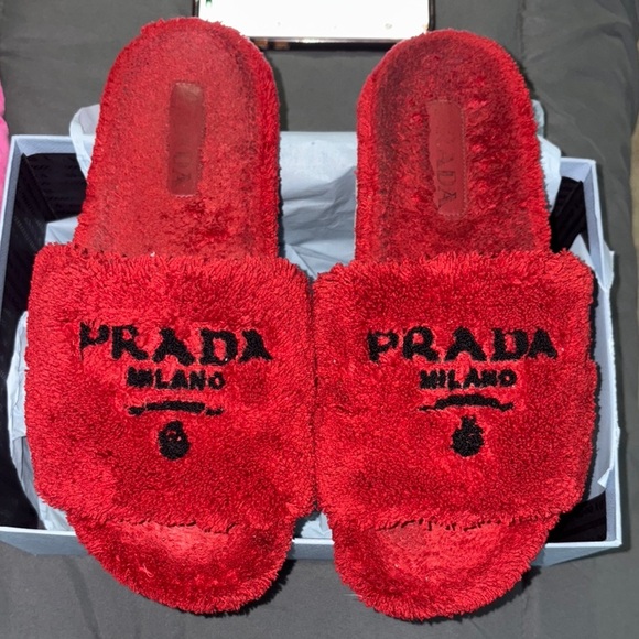 Prada Red Fuzzy Slide Sandals - Picture 3 of 7